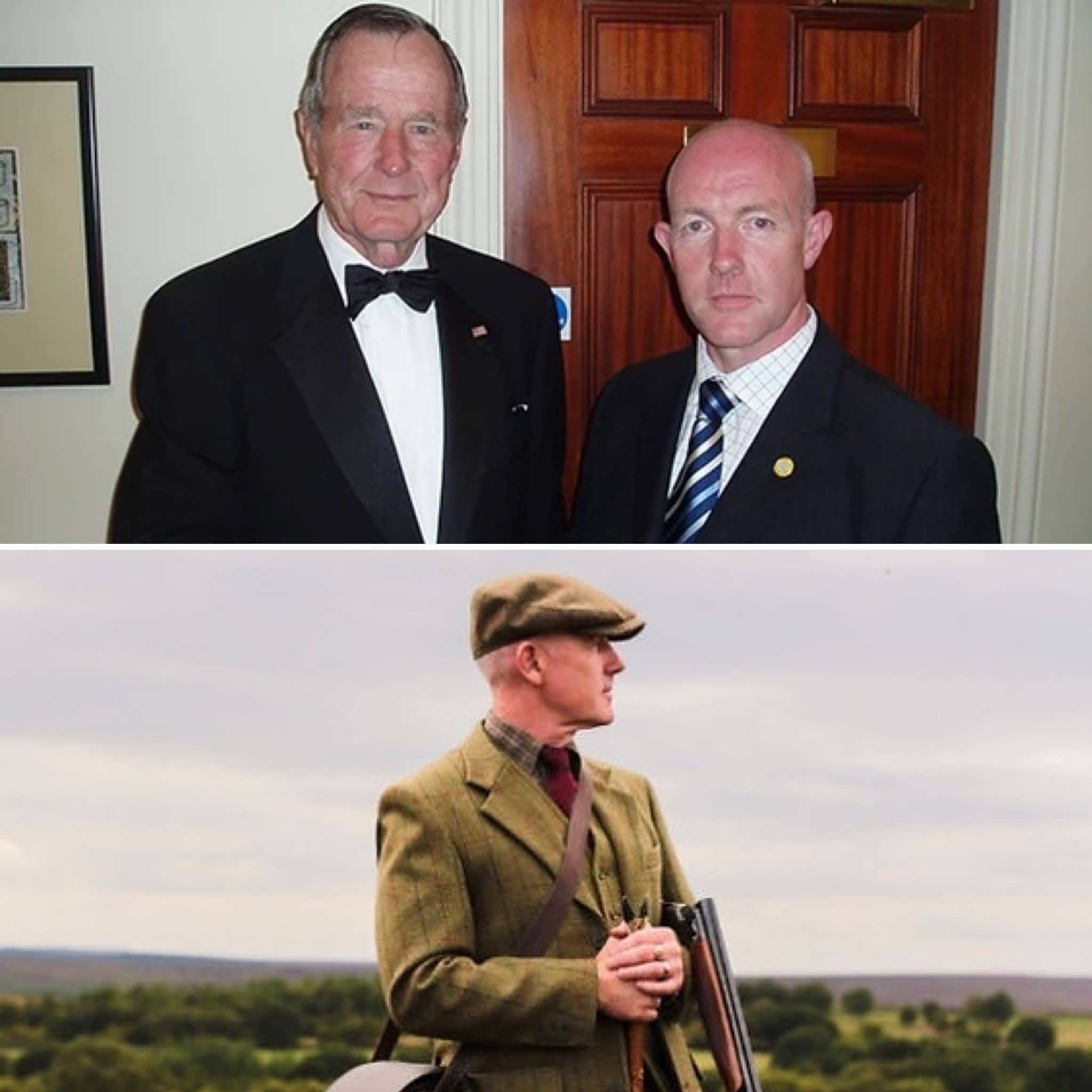 Colin with George Bush Snr and holding a shotgun